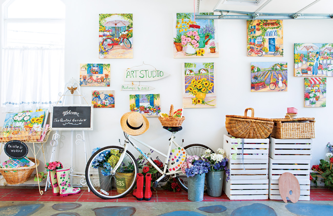 Studio garage filled with cheerful summertime art prints