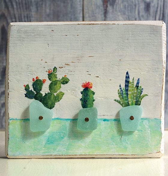 Small cute sea glass and cactus painting