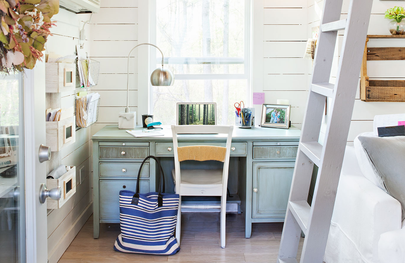 back to school desk painted blue for a cottage