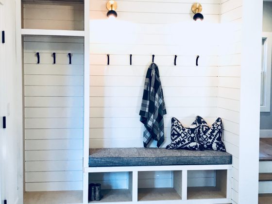 farmhouse entry closet turned mudroom