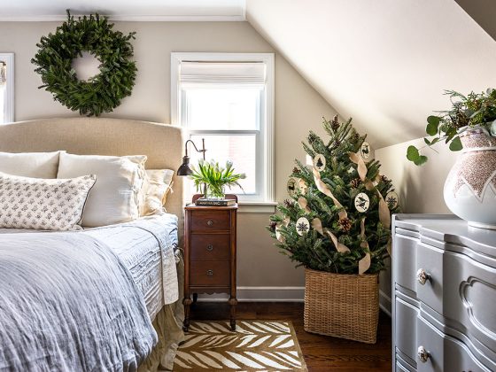 A bedroom decorated for Christmas