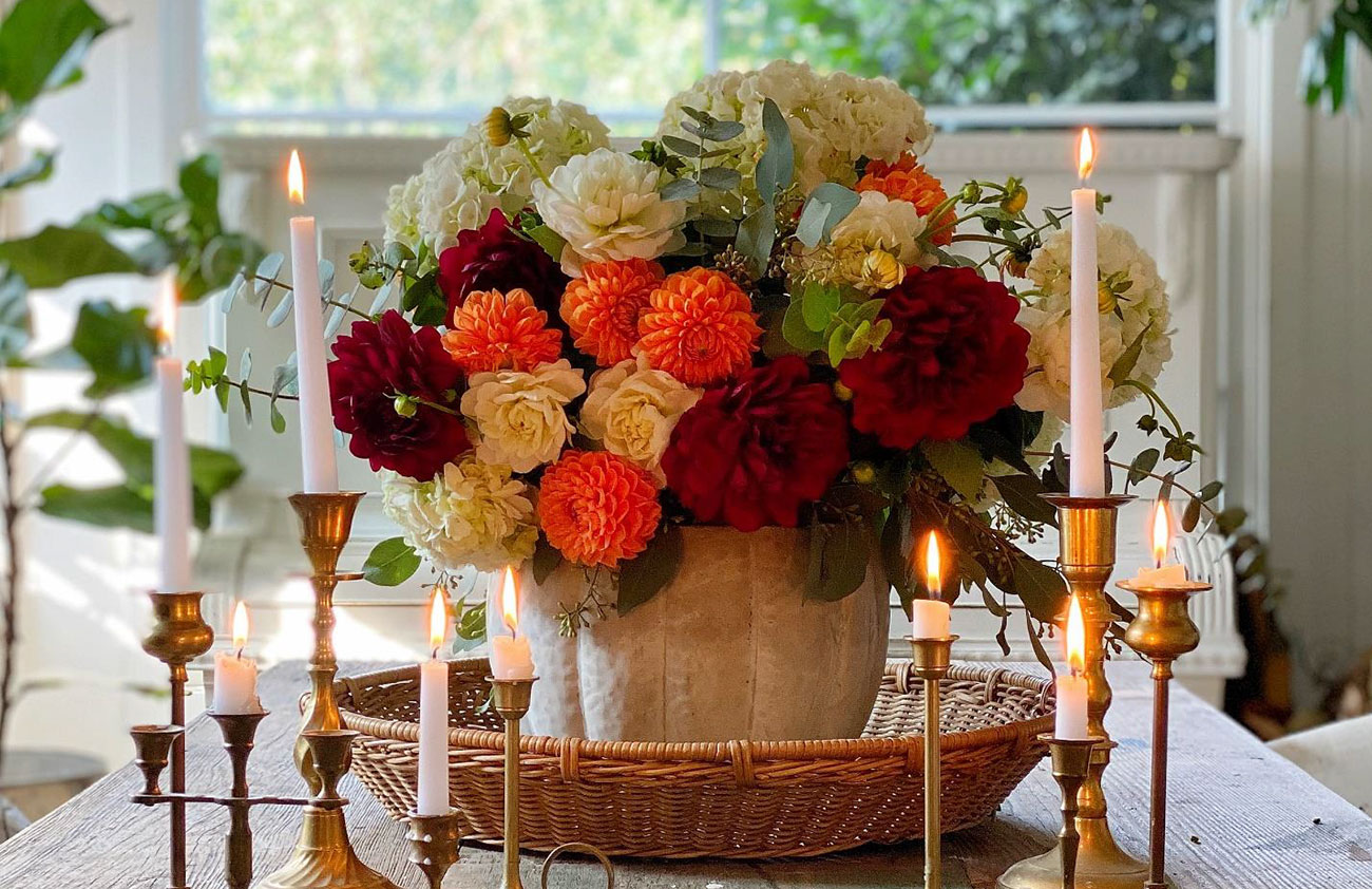 Cement Pumpkin Bowl with Autumn Flower Arrangement