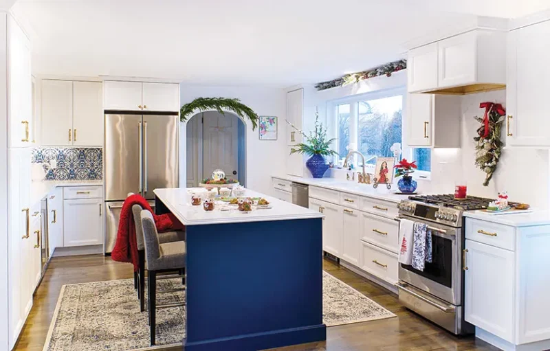 kitchen with festive greenery and holiday accents