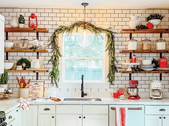 cozy Christmas kitchen with cedar garland over the window