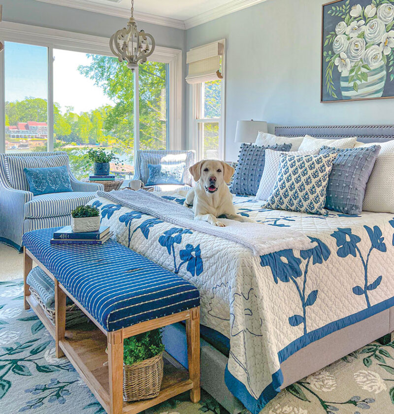 dreamy blue bedroom with lakeview and dog