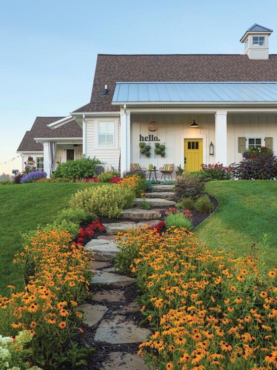 black-eyed Susans and stone pathway to barn